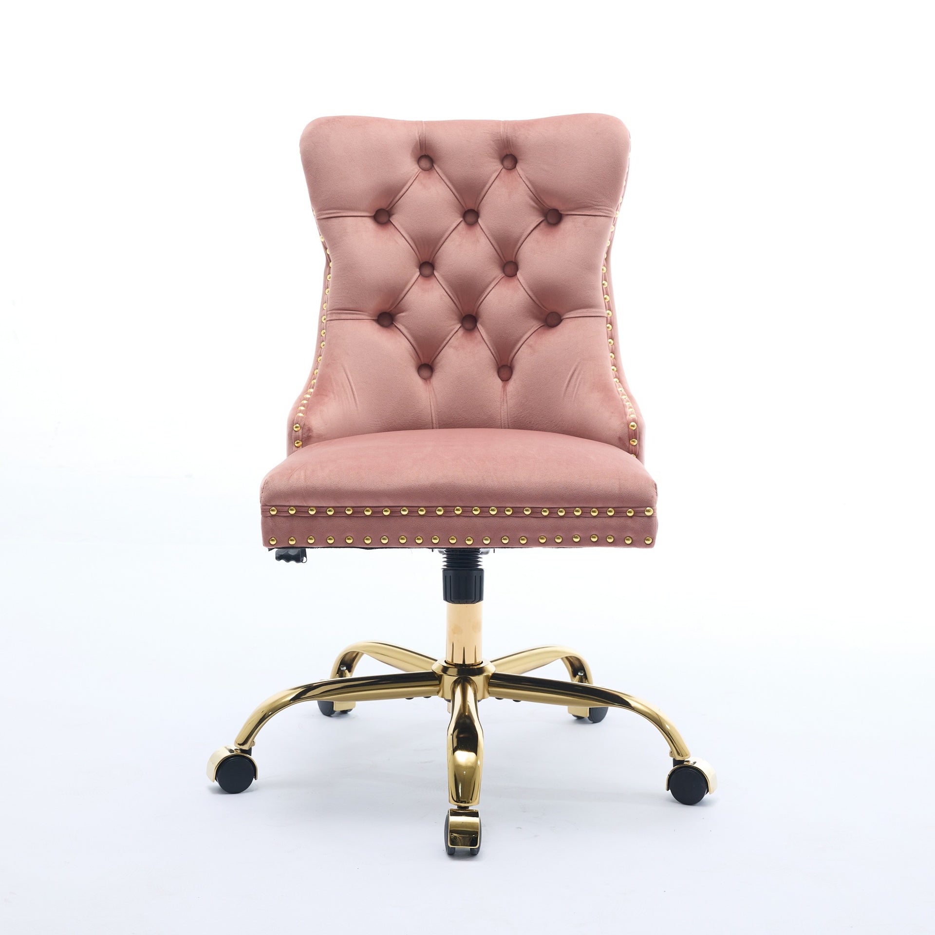 A&A Furniture Office Chair,Modern Velvet Upholstered Tufted Button Home Office Chair with Golden Metal Base,Adjustable Desk Chair Swivel Office Chair (Pink)