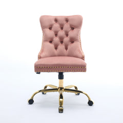 A&A Furniture Office Chair,Modern Velvet Upholstered Tufted Button Home Office Chair with Golden Metal Base,Adjustable Desk Chair Swivel Office Chair (Pink)