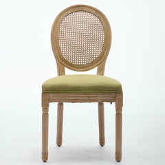A&A Furniture,French Style Solid Wood Frame Antique Painting Linen Fabric Rattan Back Dining Chair,Set of 2,Olive-Green