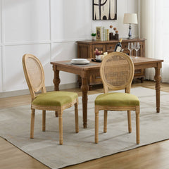 A&A Furniture,French Style Solid Wood Frame Antique Painting Linen Fabric Rattan Back Dining Chair,Set of 2,Olive-Green