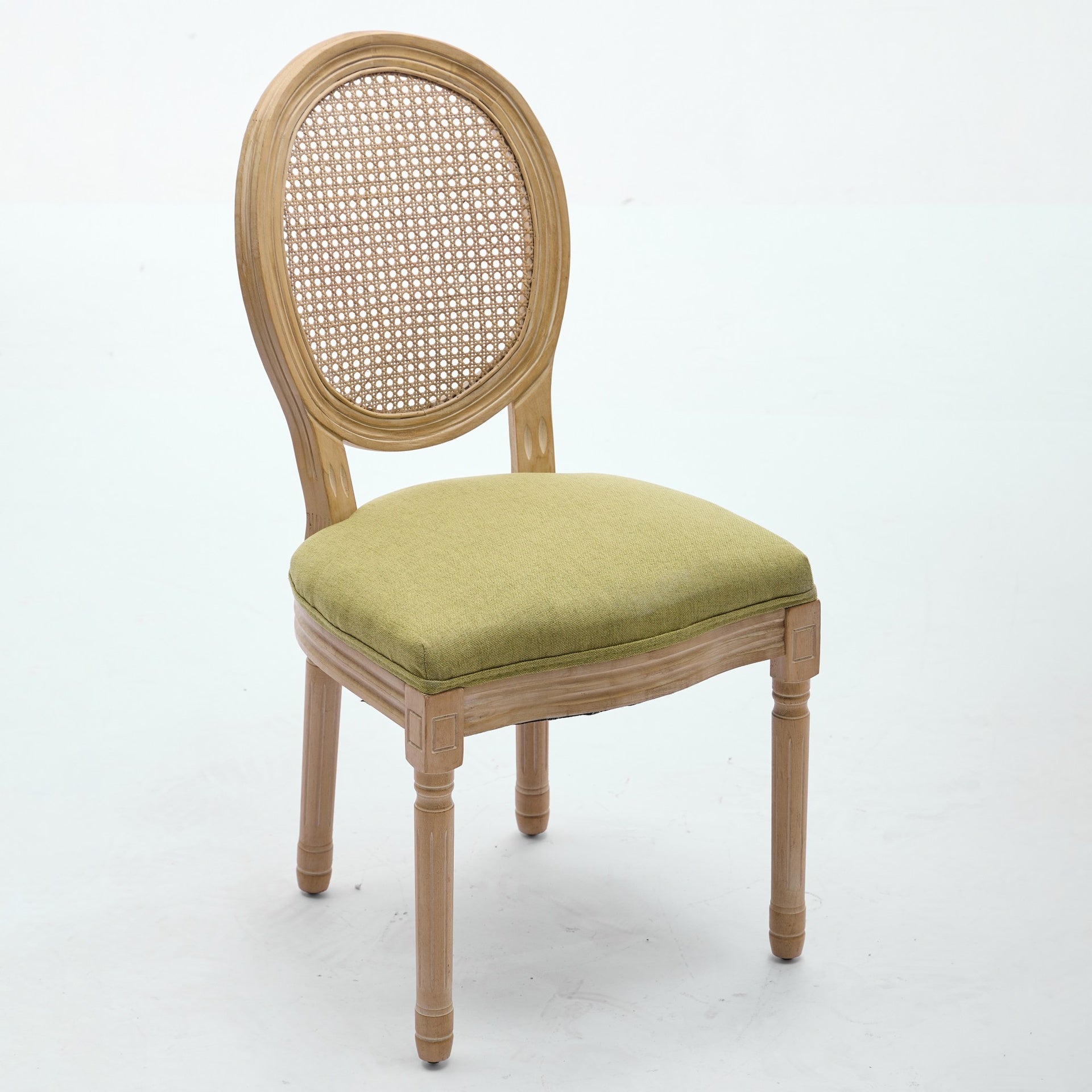 A&A Furniture,French Style Solid Wood Frame Antique Painting Linen Fabric Rattan Back Dining Chair,Set of 2,Olive-Green