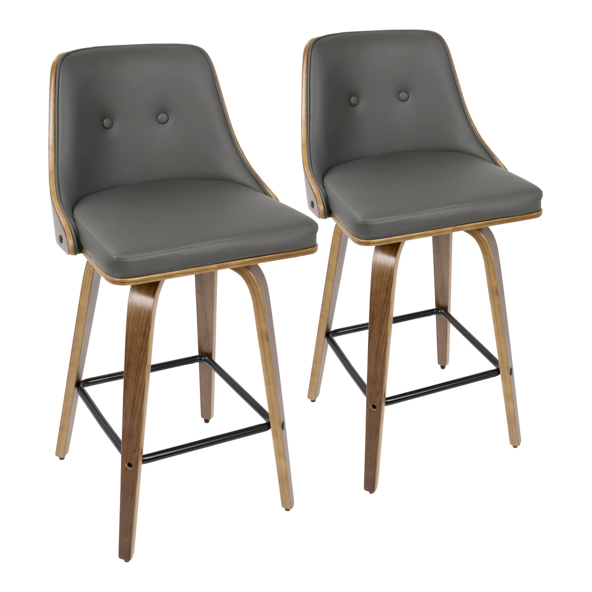 Gianna 26" Mid-Century Modern Counter Stool in Walnut with Grey Faux Leather by LumiSource - Set of 2