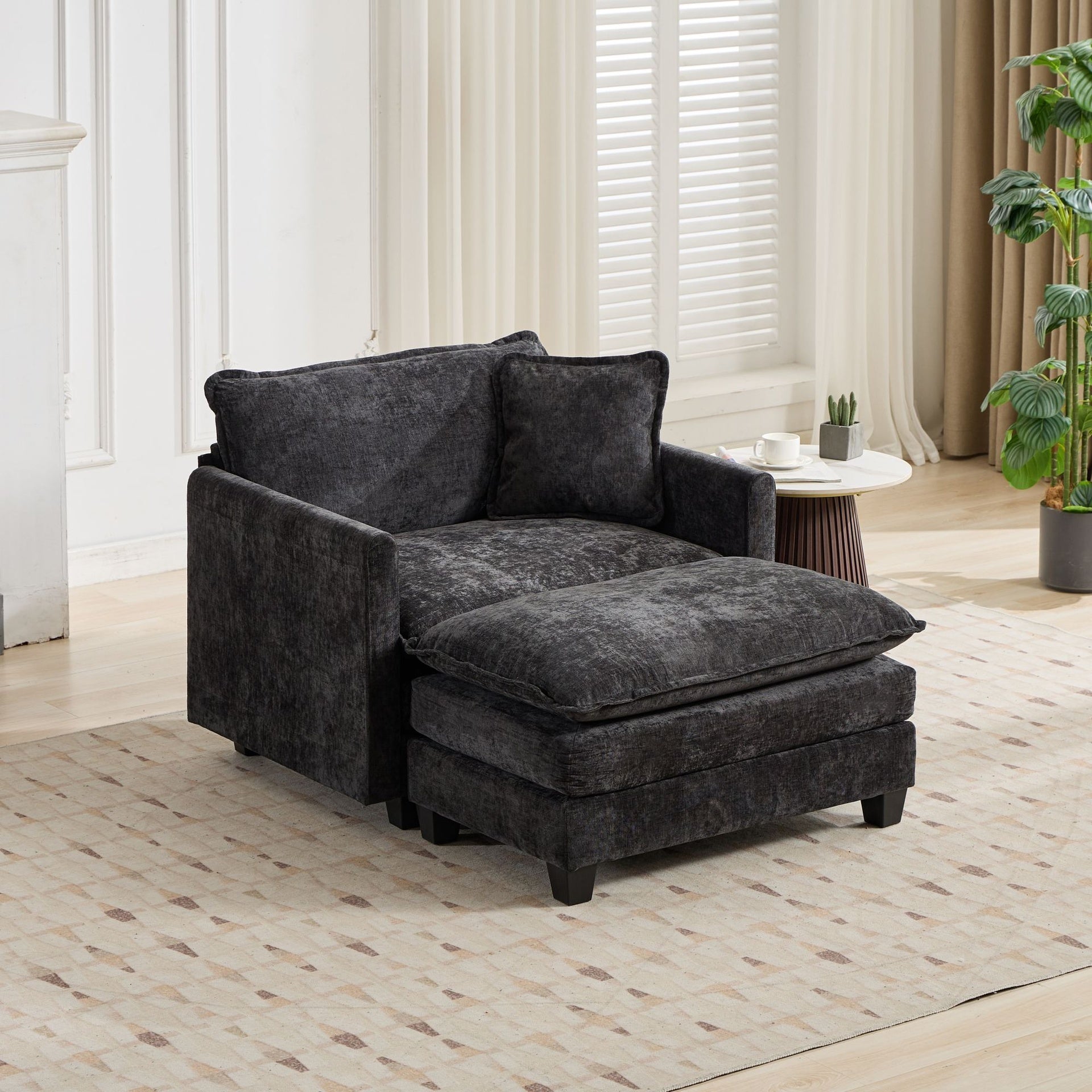 Cloud Sofa Ottoman only, Modern Sectional Couch, for Living Room Bedroom and Apartment, Comfy Double Layer Upholstered Seat Cushion, Breathable Chenille Fabric, Black