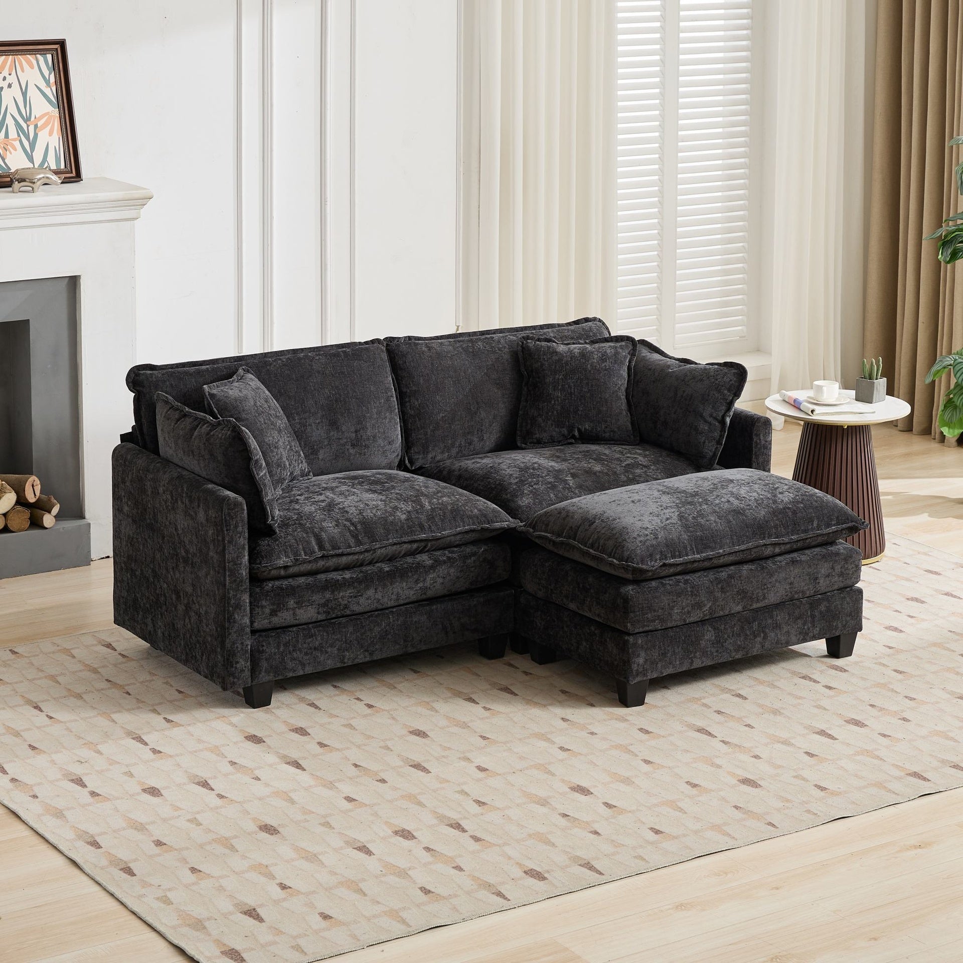 Cloud Sofa Ottoman only, Modern Sectional Couch, for Living Room Bedroom and Apartment, Comfy Double Layer Upholstered Seat Cushion, Breathable Chenille Fabric, Black