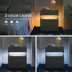LED Nightstands 3 Drawer Dresser for Bedroom End Table with Acrylic Board LED Bedside Tables for Bedroom Living Room Bedside Furniture (Grey+Gold)