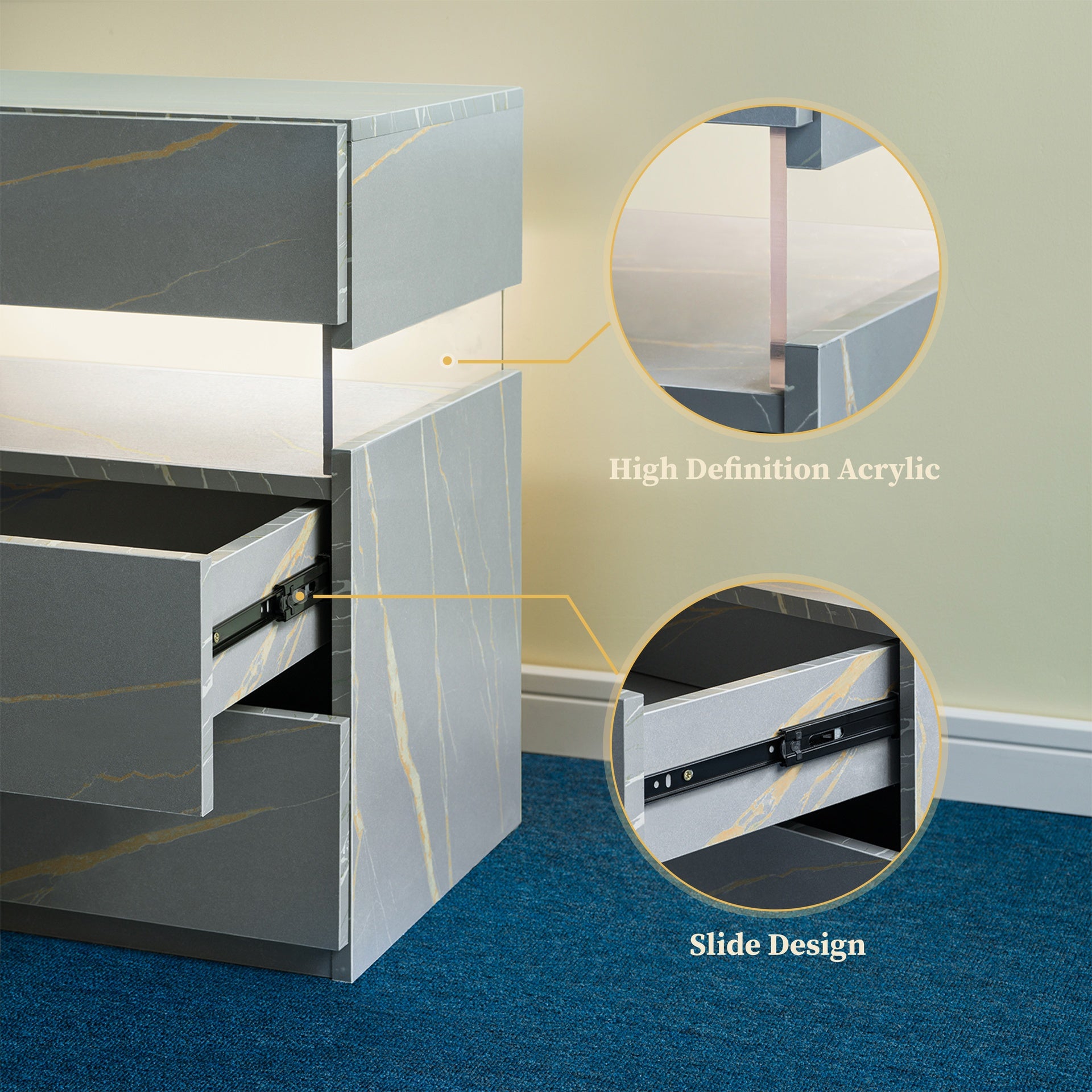 LED Nightstands 3 Drawer Dresser for Bedroom End Table with Acrylic Board LED Bedside Tables for Bedroom Living Room Bedside Furniture (Grey+Gold)