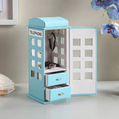 11.5" Tall Leather Jewelry Box, British Telephone Design, Pastel Blue