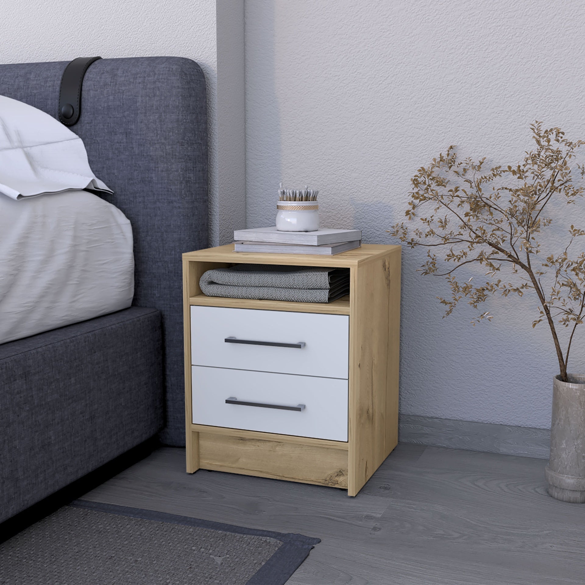 Philadelphia Nightstand, Two Drawers, Concealed Shelf