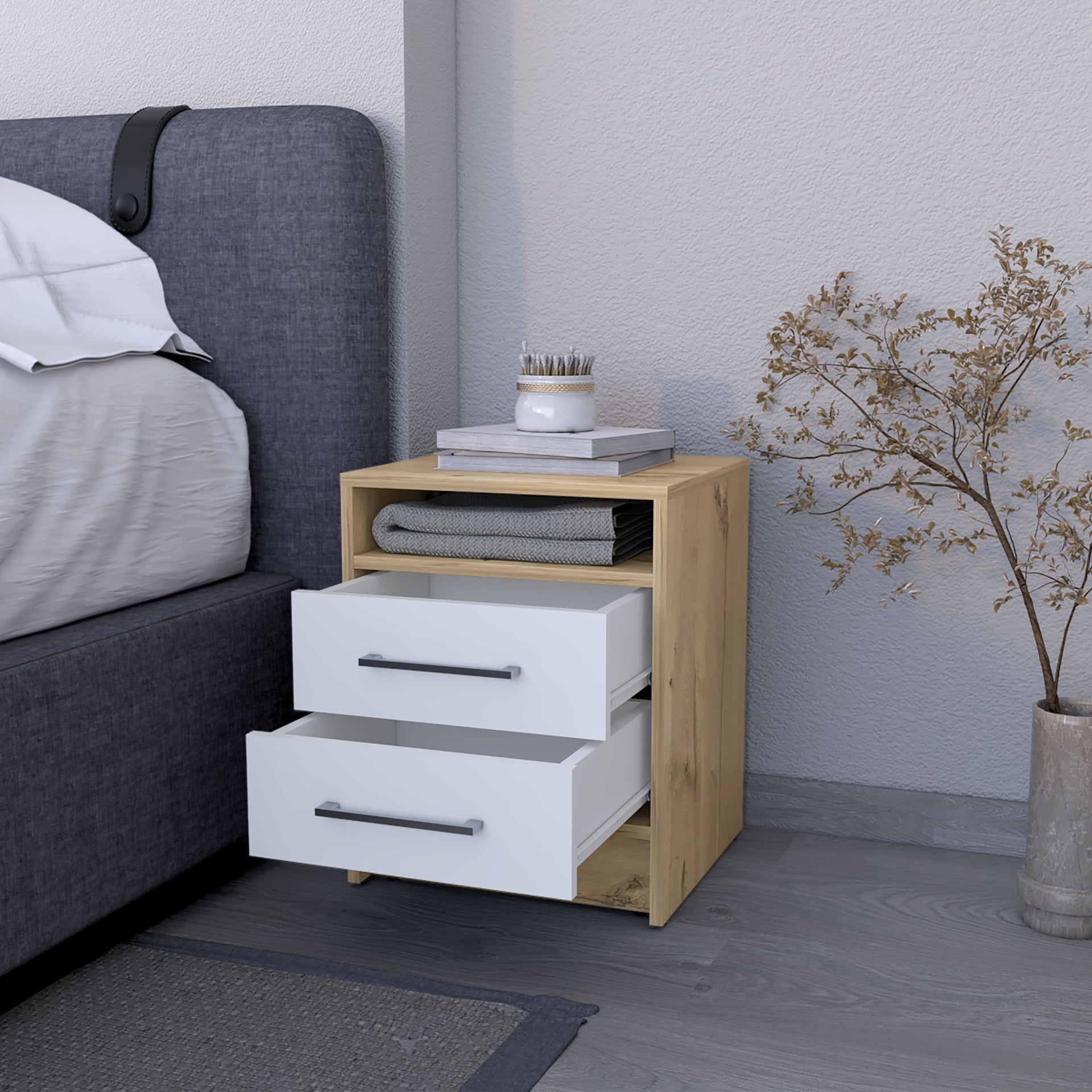 Philadelphia Nightstand, Two Drawers, Concealed Shelf