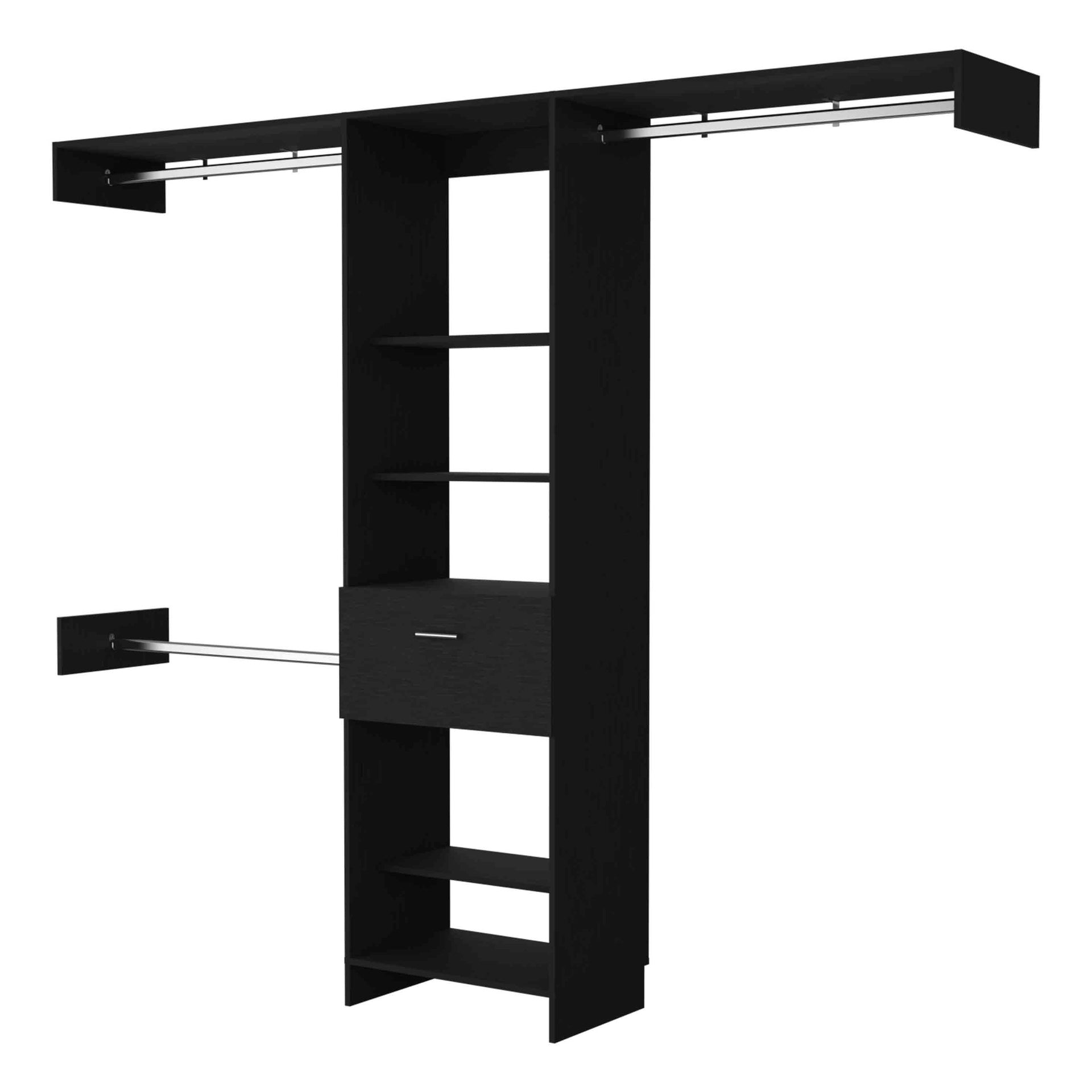 Cross Closet System, One Drawer, Three Metal Rod, Five Open Shelves
