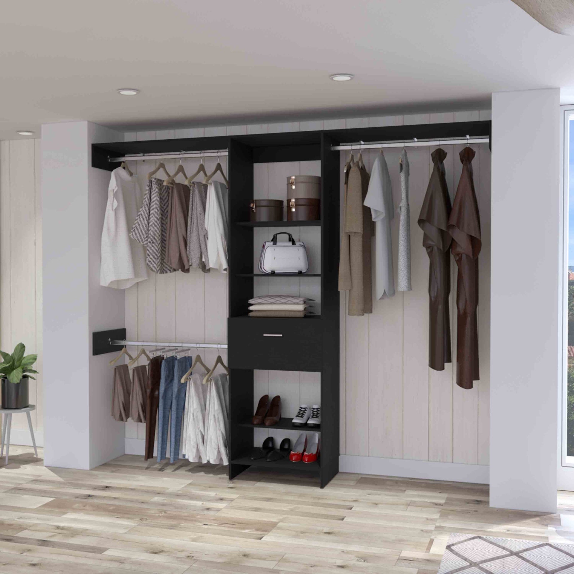 Cross Closet System, One Drawer, Three Metal Rod, Five Open Shelves