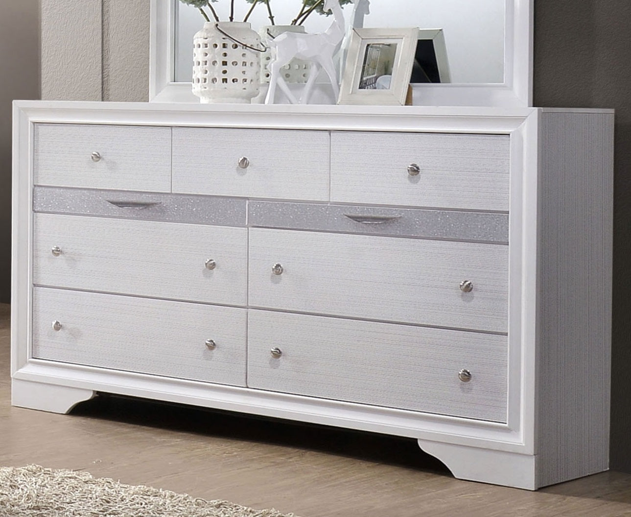 Contemporary 1pc Dresser Hidden Jewelry Drawer English Dovetail Silver Accents Round Knobs White Color Bedroom Furniture
