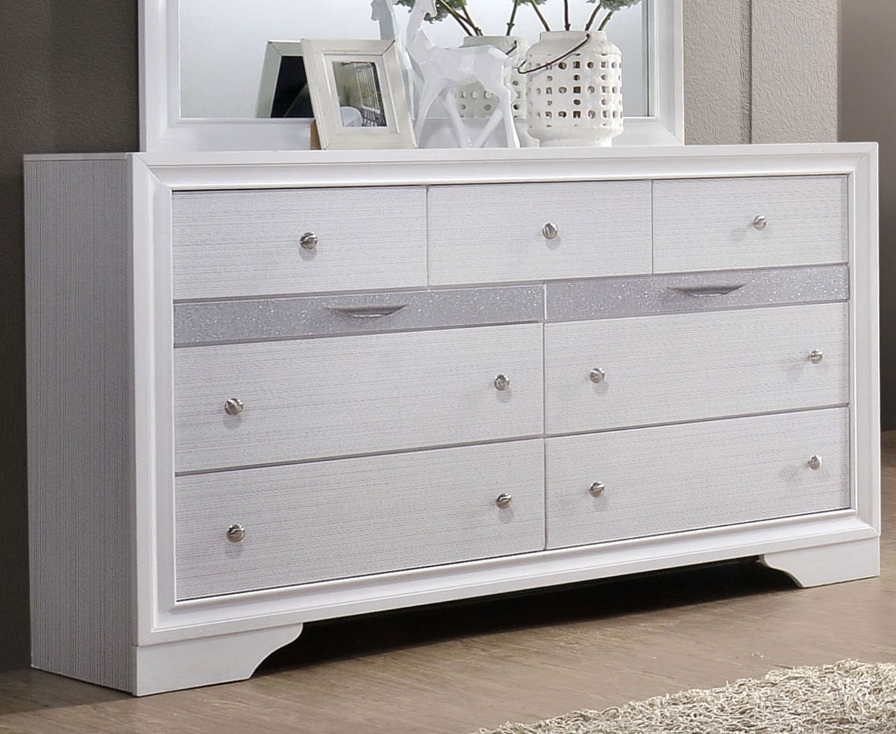 Contemporary 1pc Dresser Hidden Jewelry Drawer English Dovetail Silver Accents Round Knobs White Color Bedroom Furniture