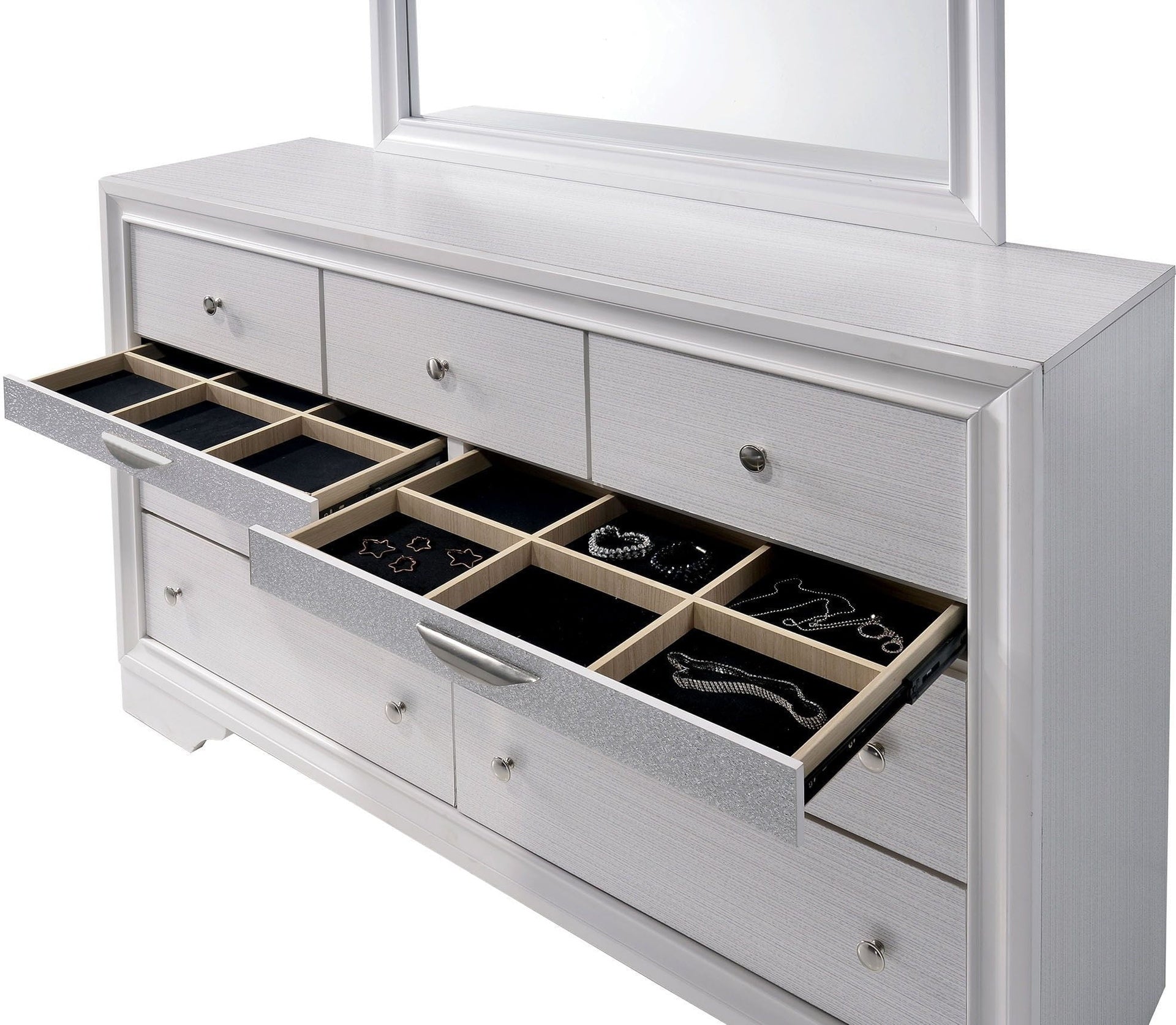 Contemporary 1pc Dresser Hidden Jewelry Drawer English Dovetail Silver Accents Round Knobs White Color Bedroom Furniture