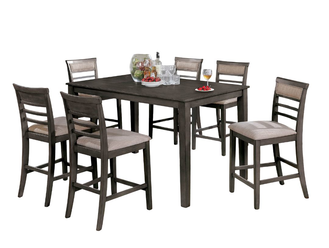 7pc Counter Height Dining Table Set 1x Table 6x Chairs Transitional Style Weathered Gray And Beige Finish Padded Cushion Slat Back Chairs