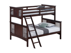 Modern Transitional Style Twin Over Full Bunk Bed With Ladder And Dark Walnut Finish