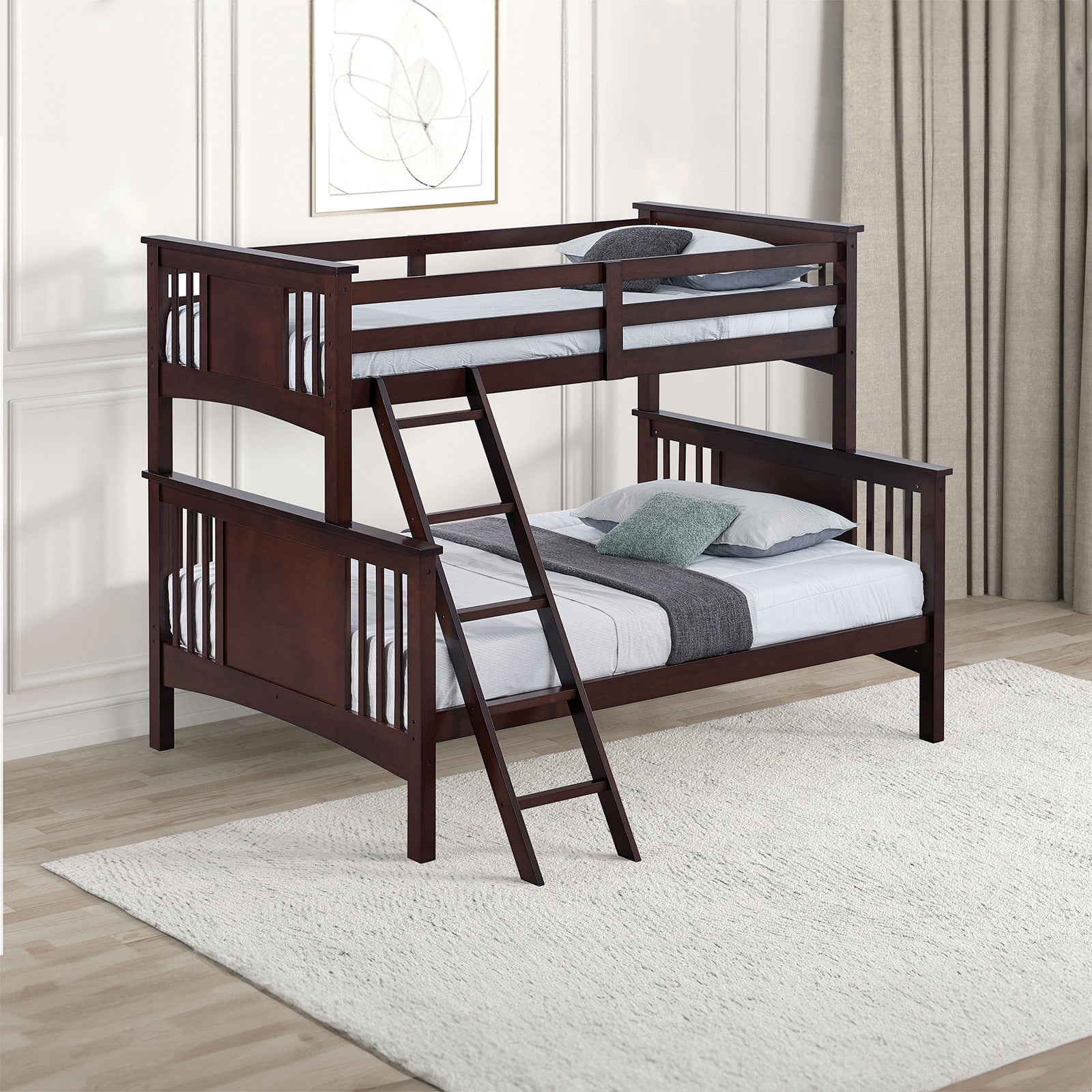 Modern Transitional Style Twin Over Full Bunk Bed With Ladder And Dark Walnut Finish