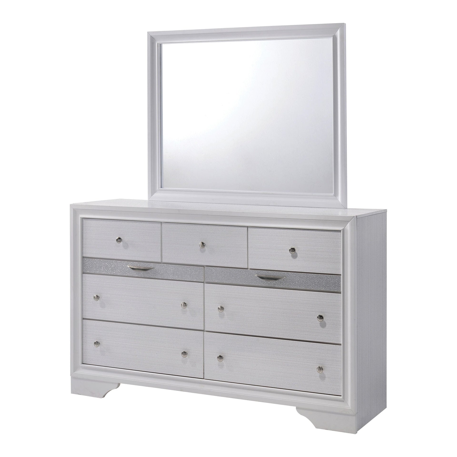 White Color Dresser w Mirror Set Hidden Jewelry Drawer English Dovetail Silver Accents Round Knobs Bedroom Furniture