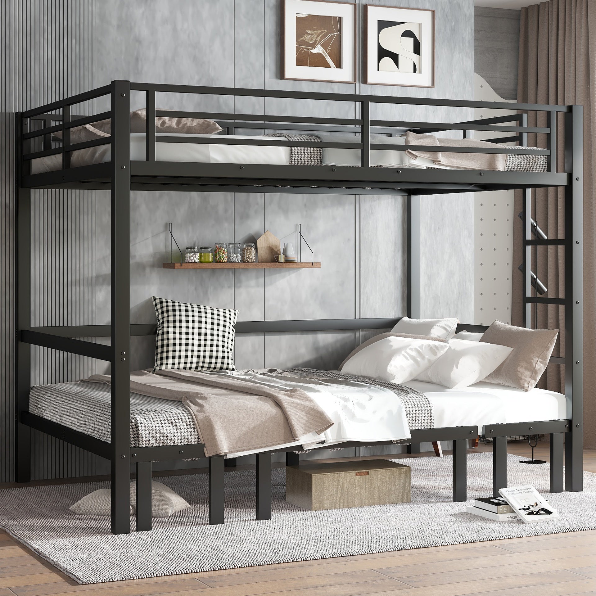 Queen over Queen size pull-out Metal Bunk Bed, lower bunk can be pulled out in three sections, top bunk equipped with safety rails, black.