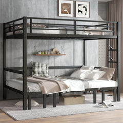 Queen over Queen size pull-out Metal Bunk Bed, lower bunk can be pulled out in three sections, top bunk equipped with safety rails, black.