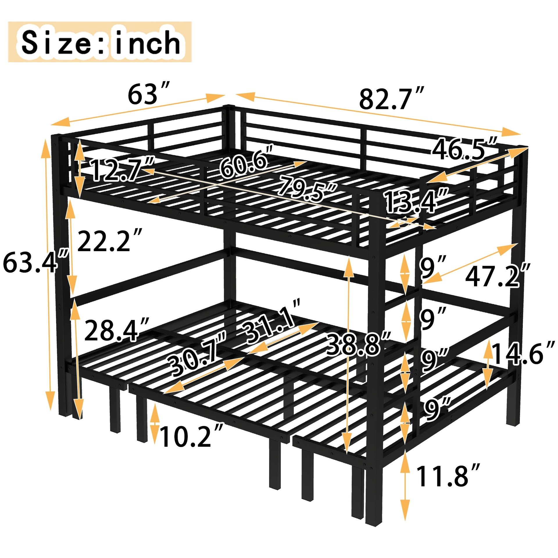 Queen over Queen size pull-out Metal Bunk Bed, lower bunk can be pulled out in three sections, top bunk equipped with safety rails, black.