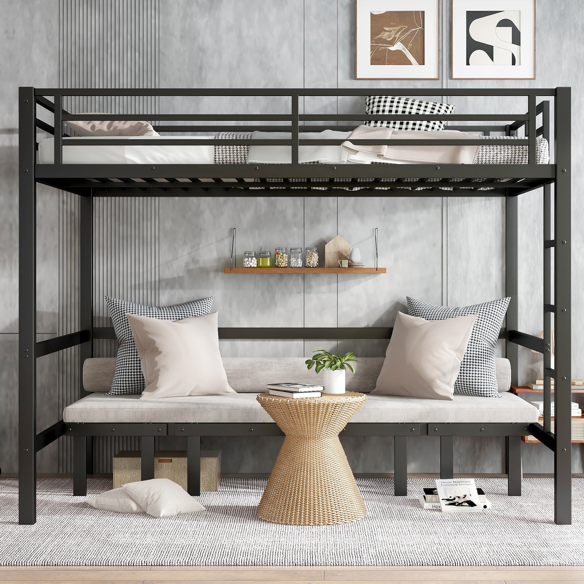 Queen over Queen size pull-out Metal Bunk Bed, lower bunk can be pulled out in three sections, top bunk equipped with safety rails, black.