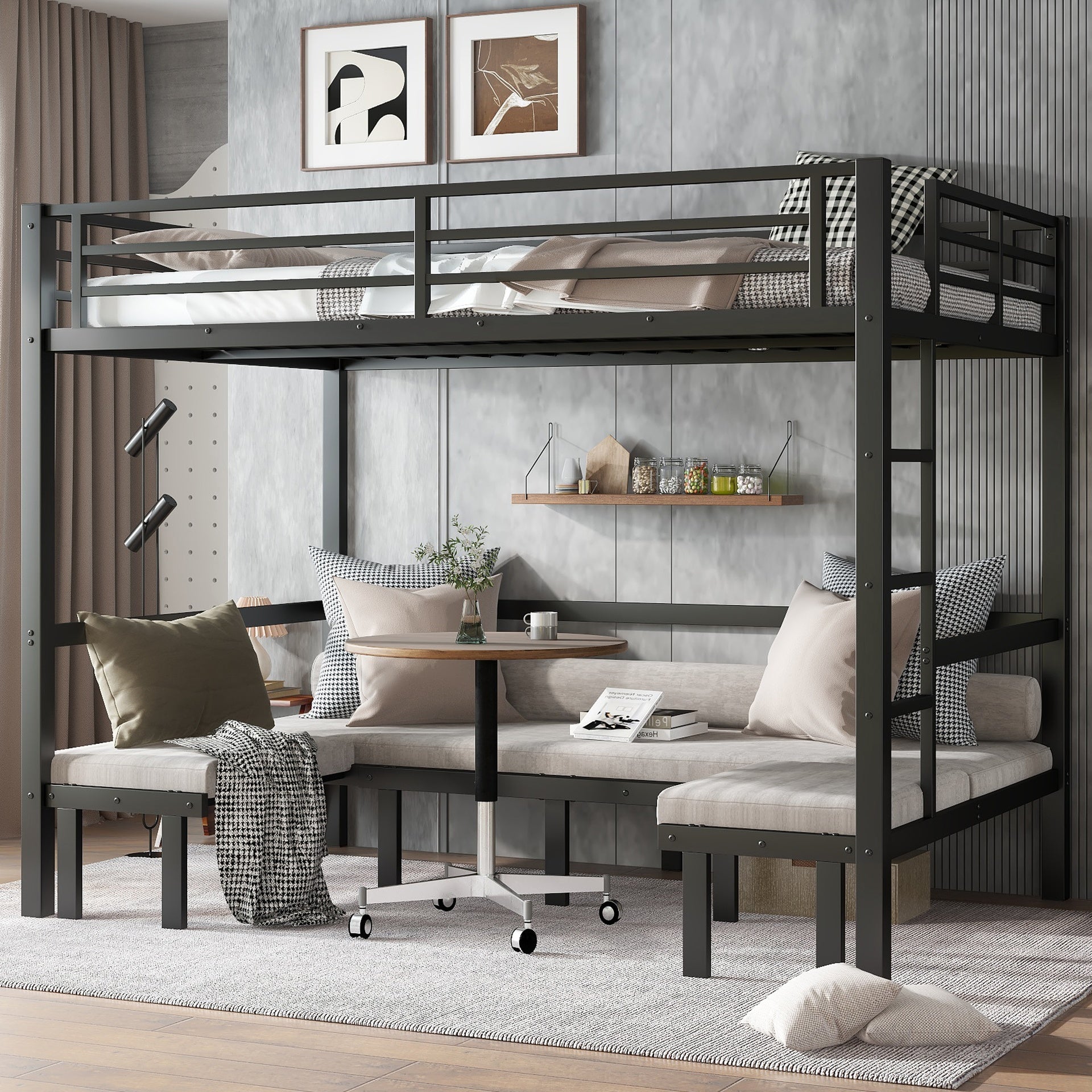 Queen over Queen size pull-out Metal Bunk Bed, lower bunk can be pulled out in three sections, top bunk equipped with safety rails, black.