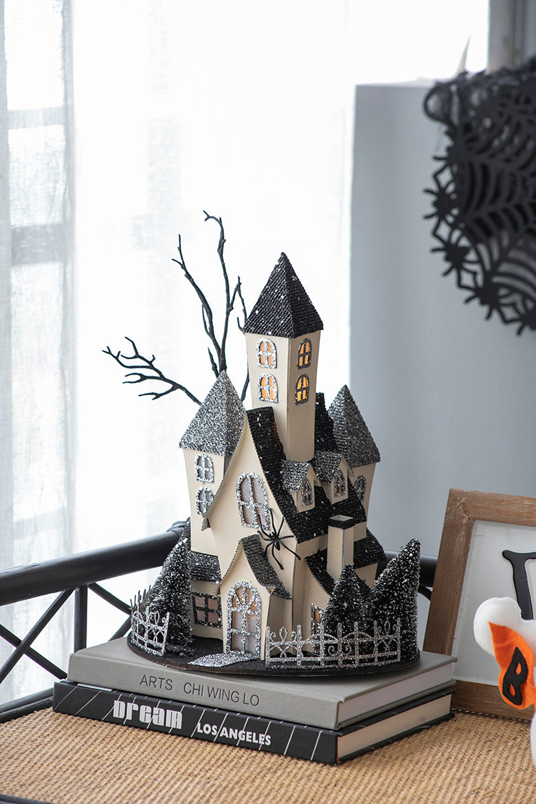 10x8.3x13.5" Cardboard Lighted Haunted House, Black Beige Tabletop holiday halloween decor, Battery Powered