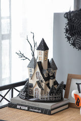 10x8.3x13.5" Cardboard Lighted Haunted House, Black Beige Tabletop holiday halloween decor, Battery Powered