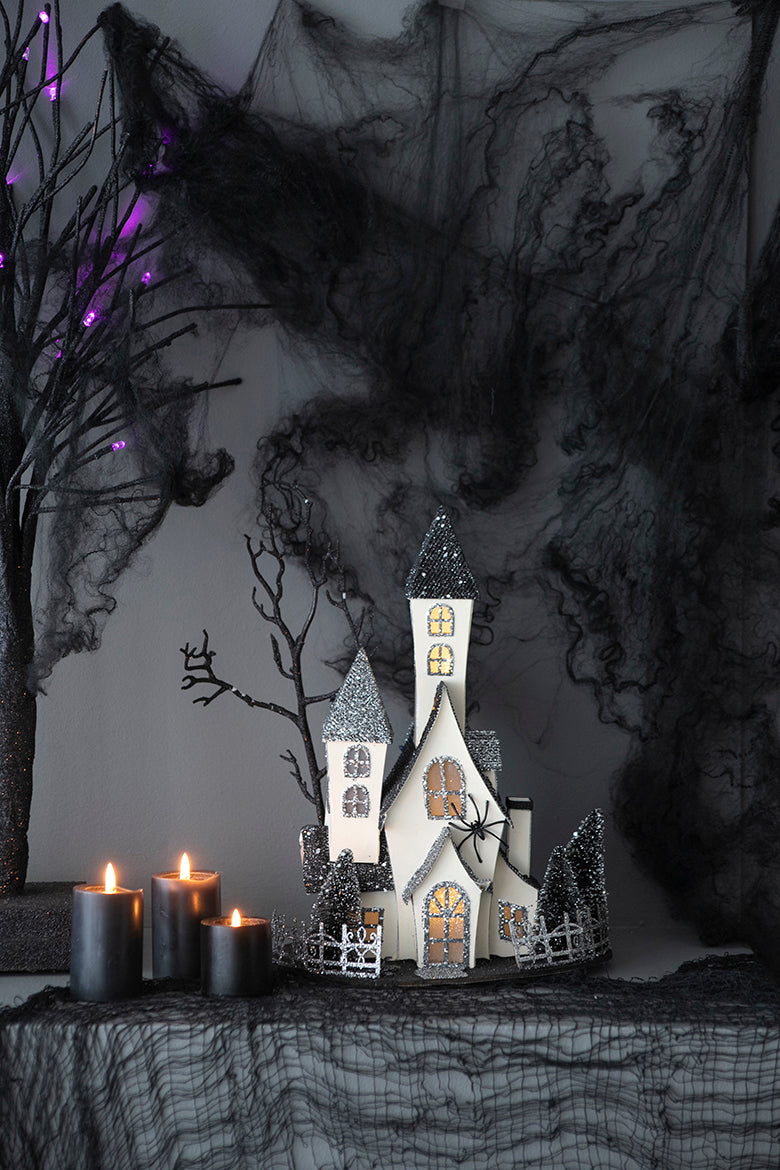 10x8.3x13.5" Cardboard Lighted Haunted House, Black Beige Tabletop holiday halloween decor, Battery Powered