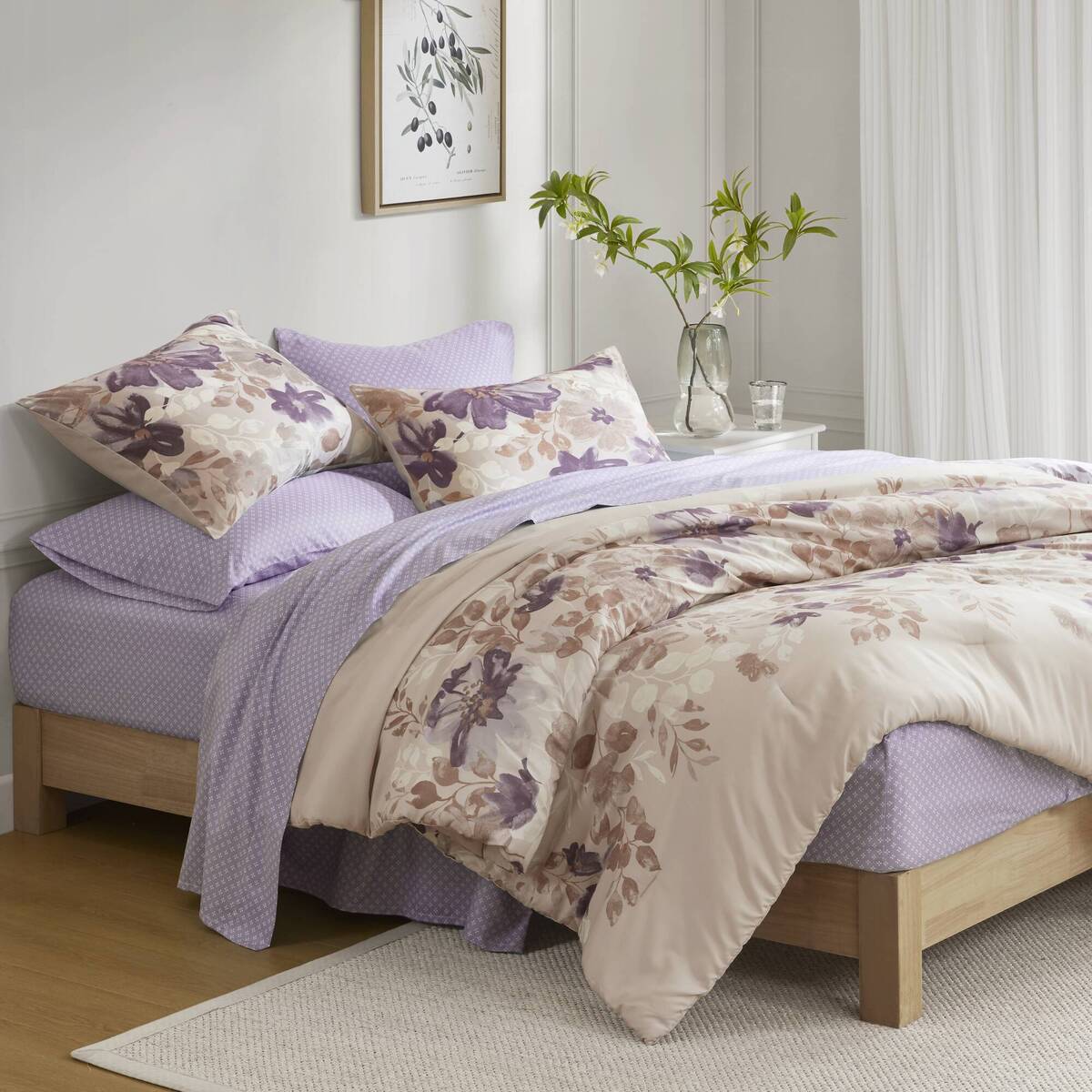 Floral Comforter Set with Bed Sheets Taupe Twin