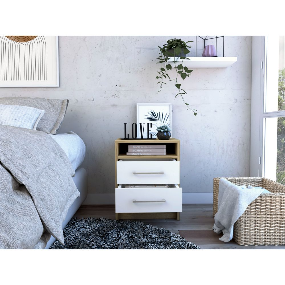 Nightstand 20"H, Two Drawers, Superior Top, Metal Handles, White / Light Oak