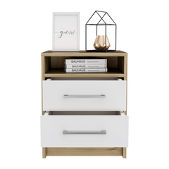 Nightstand 20"H, Two Drawers, Superior Top, Metal Handles, White / Light Oak