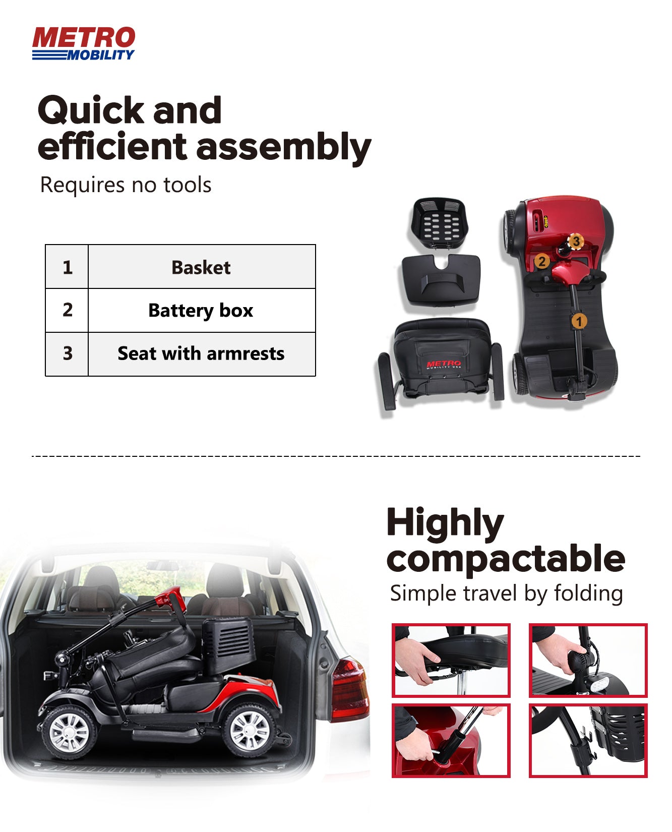 Four wheels Compact Travel Mobility Scooter with 300W Motor for Adult-300lbs, RED