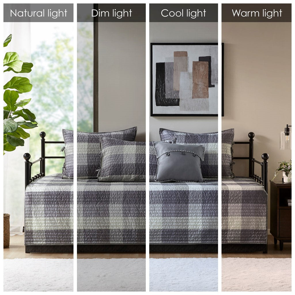 6 Piece Reversible Plaid Daybed Cover Set Grey Daybed