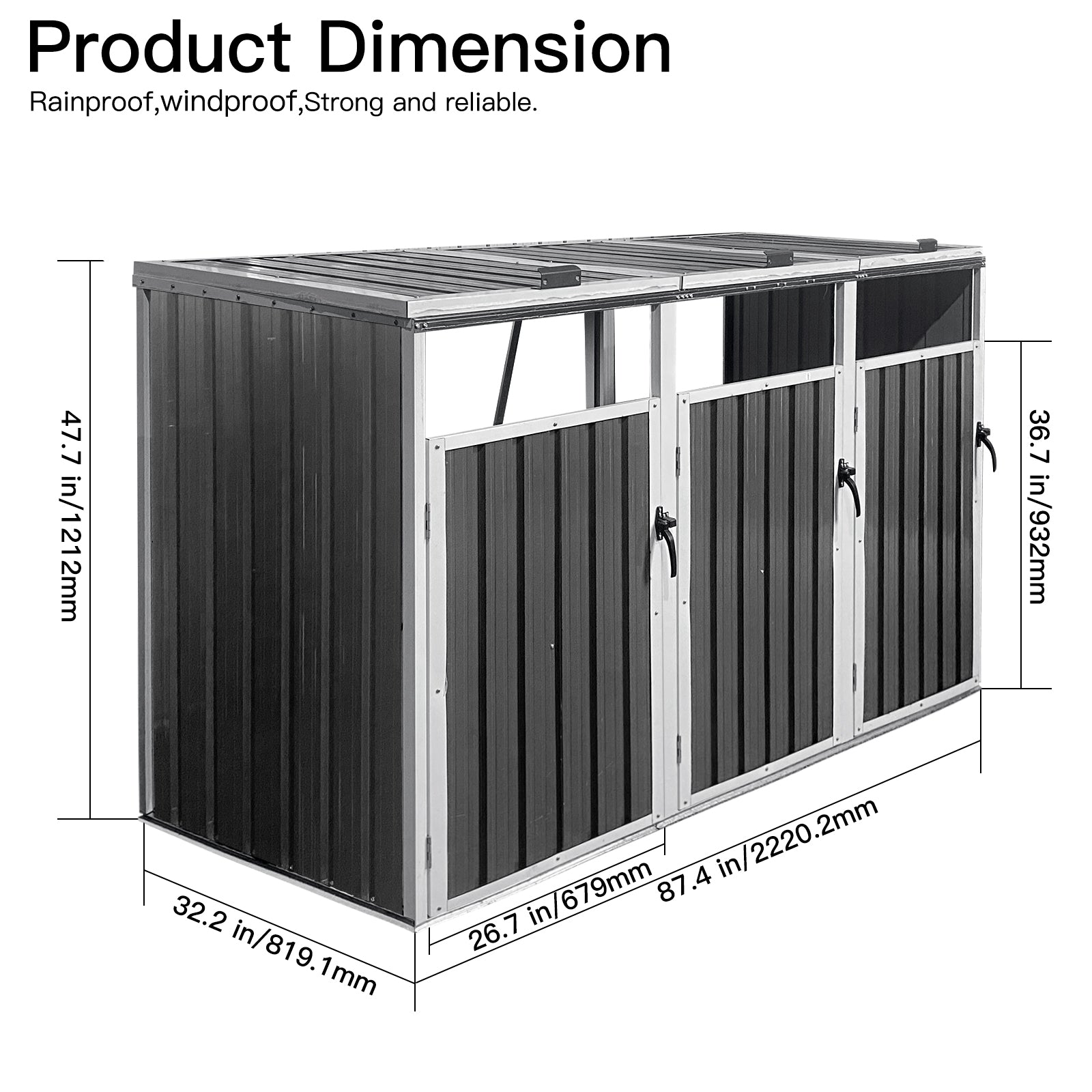 Garbage Bin Shed Stores 3 Trash Cans Metal Outdoor Bin Shed for Garbage Storage,Grey
