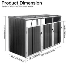 Garbage Bin Shed Stores 3 Trash Cans Metal Outdoor Bin Shed for Garbage Storage,Grey