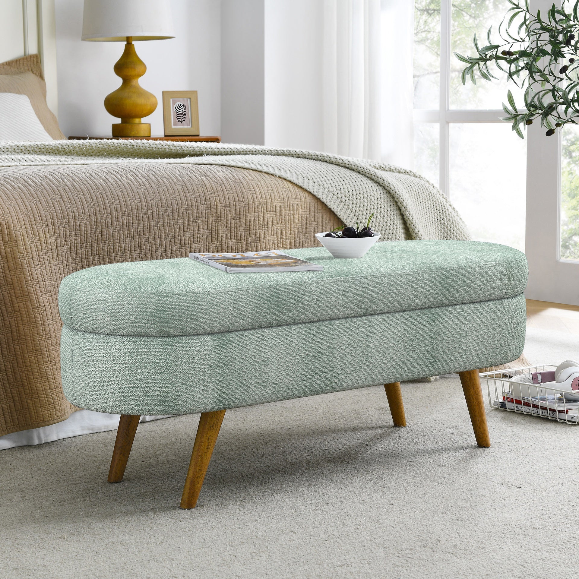 Ottoman Oval Storage Bench,Rubber Wood Legs, Gray (43.5"x16"x16") Cyan