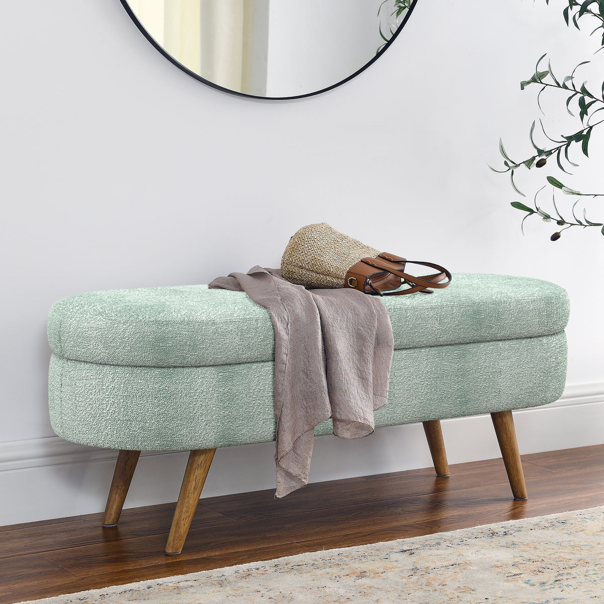 Ottoman Oval Storage Bench,Rubber Wood Legs, Gray (43.5"x16"x16") Cyan