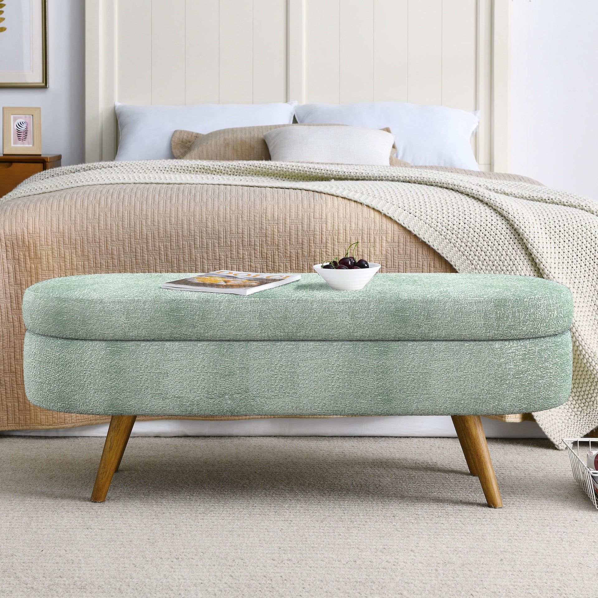 Ottoman Oval Storage Bench,Rubber Wood Legs, Gray (43.5"x16"x16") Cyan