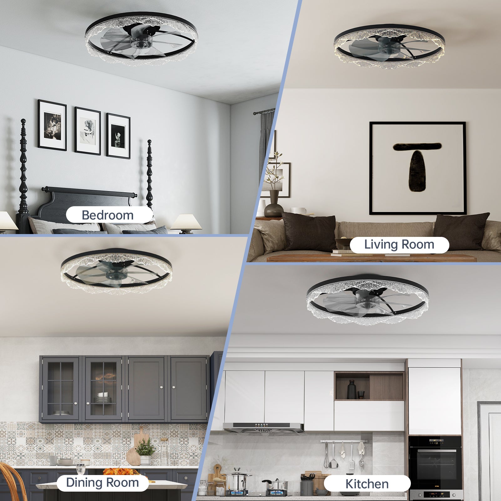 24" Decorative LED Ceiling Fan Light – Modern Flush Mount with Acrylic Ring, Hidden Blades, Remote Control, and Dimmable Light for Stylish Homes (Black)