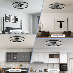 24" Decorative LED Ceiling Fan Light – Modern Flush Mount with Acrylic Ring, Hidden Blades, Remote Control, and Dimmable Light for Stylish Homes (Black)
