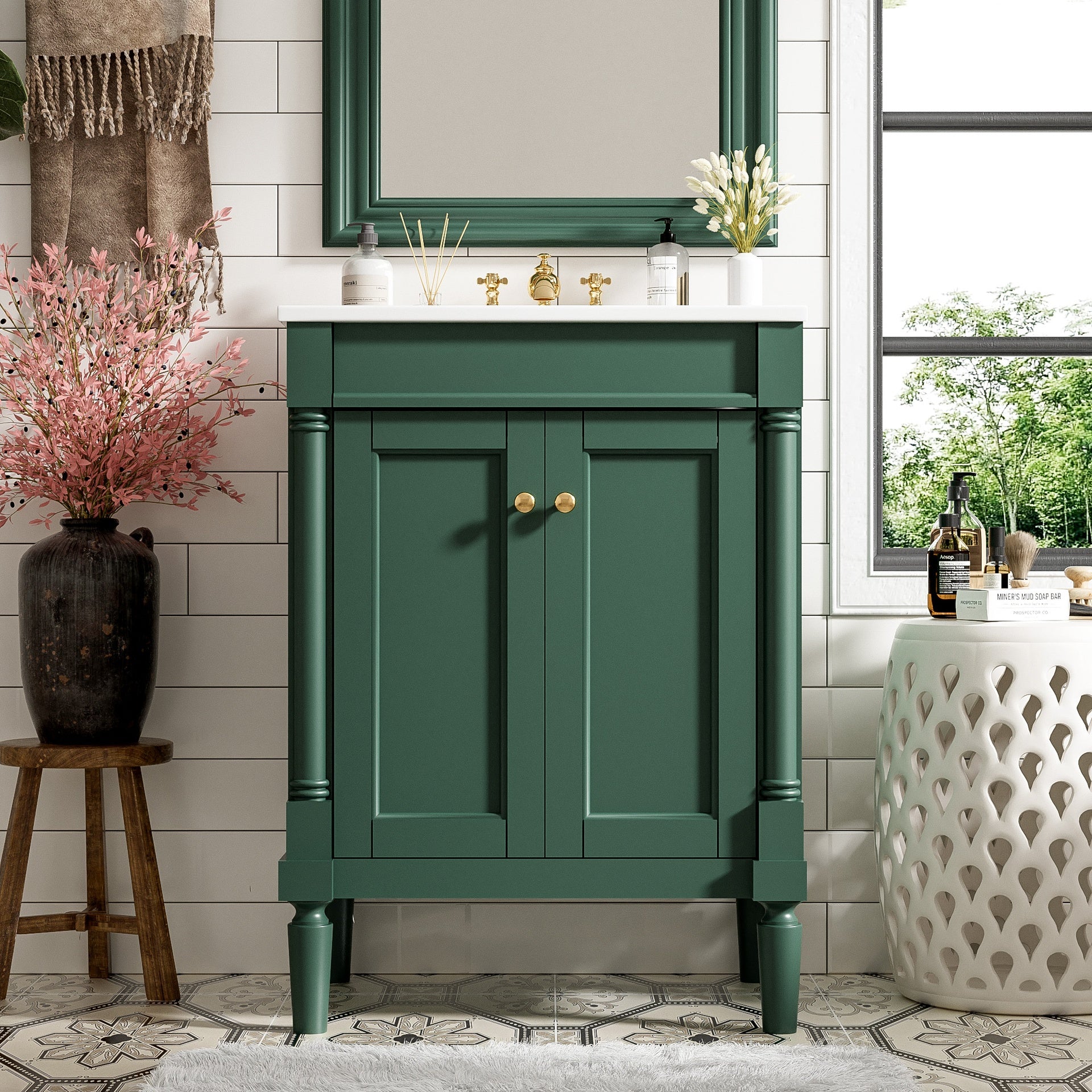 24'' Bathroom Vanity with Top Sink, 2-Tier Modern Bathroom Storage Cabinet, Single Sink Bathroom Vanity, Large Storage Shelves