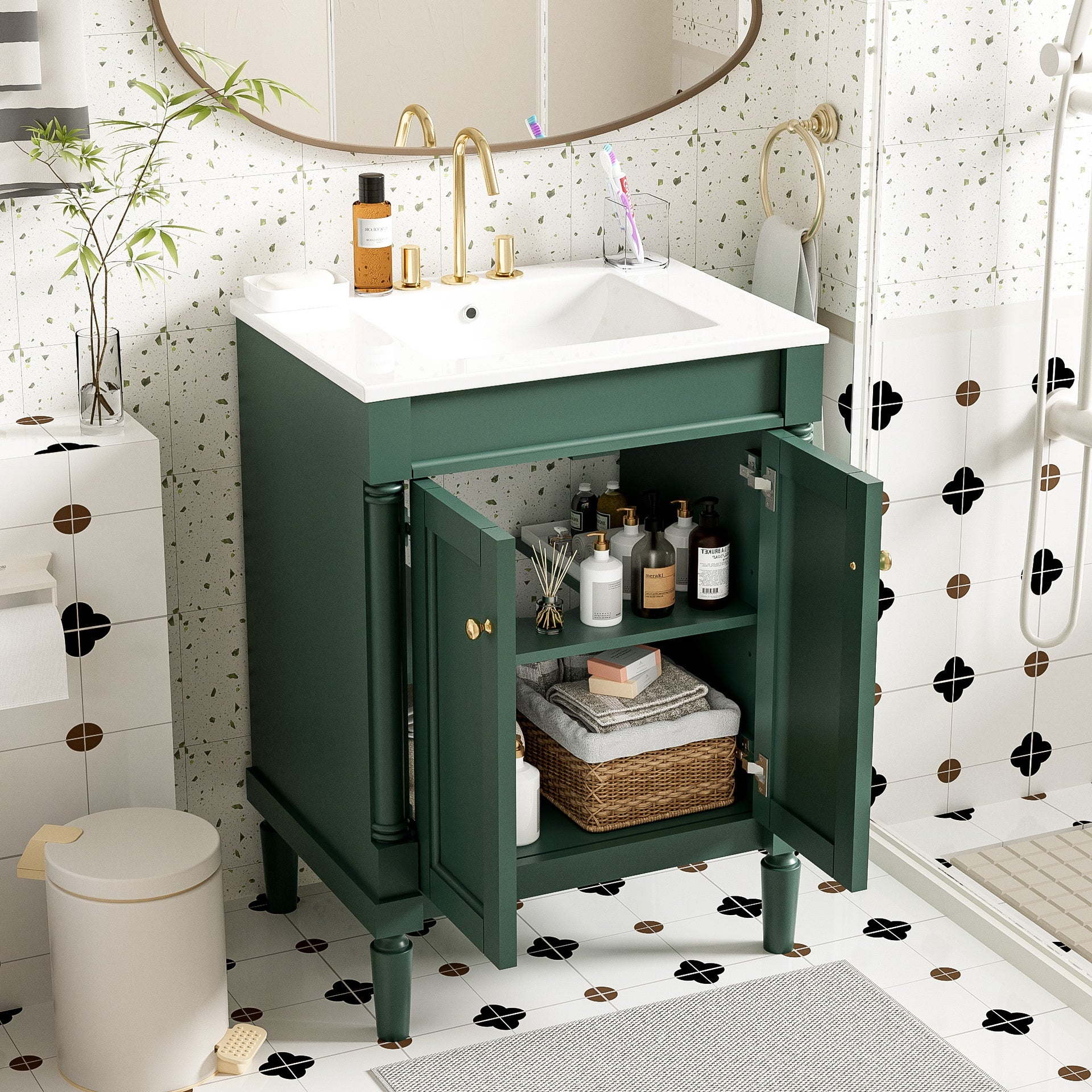 24'' Bathroom Vanity with Top Sink, 2-Tier Modern Bathroom Storage Cabinet, Single Sink Bathroom Vanity, Large Storage Shelves