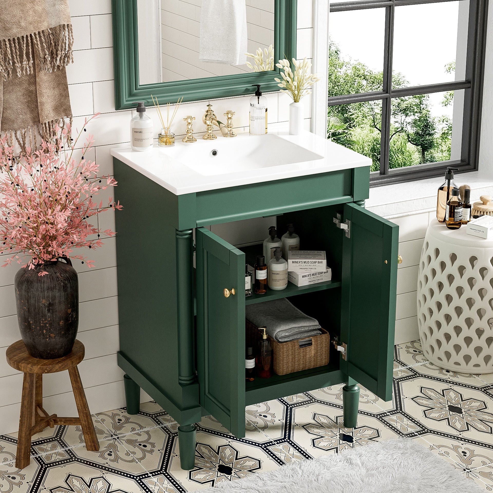 24'' Bathroom Vanity with Top Sink, 2-Tier Modern Bathroom Storage Cabinet, Single Sink Bathroom Vanity, Large Storage Shelves