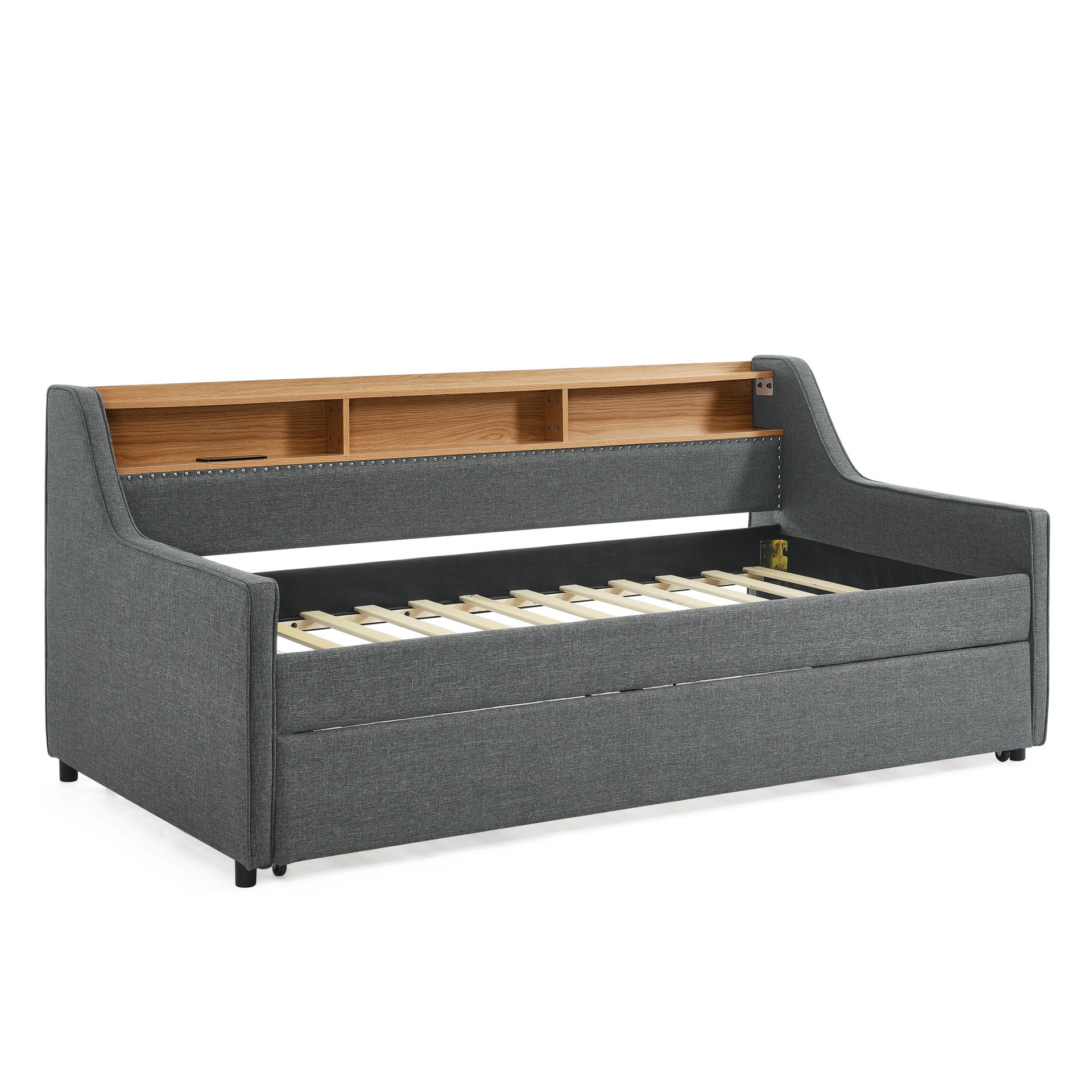 Twin Size Upholstery Sofa Bed with Three LED lights, with Storage Adjustable Headboard, with Foldable Leg Pull up Trundle Bed and Wireless Charging, Linen Padded Sofa Bed frame, Grey