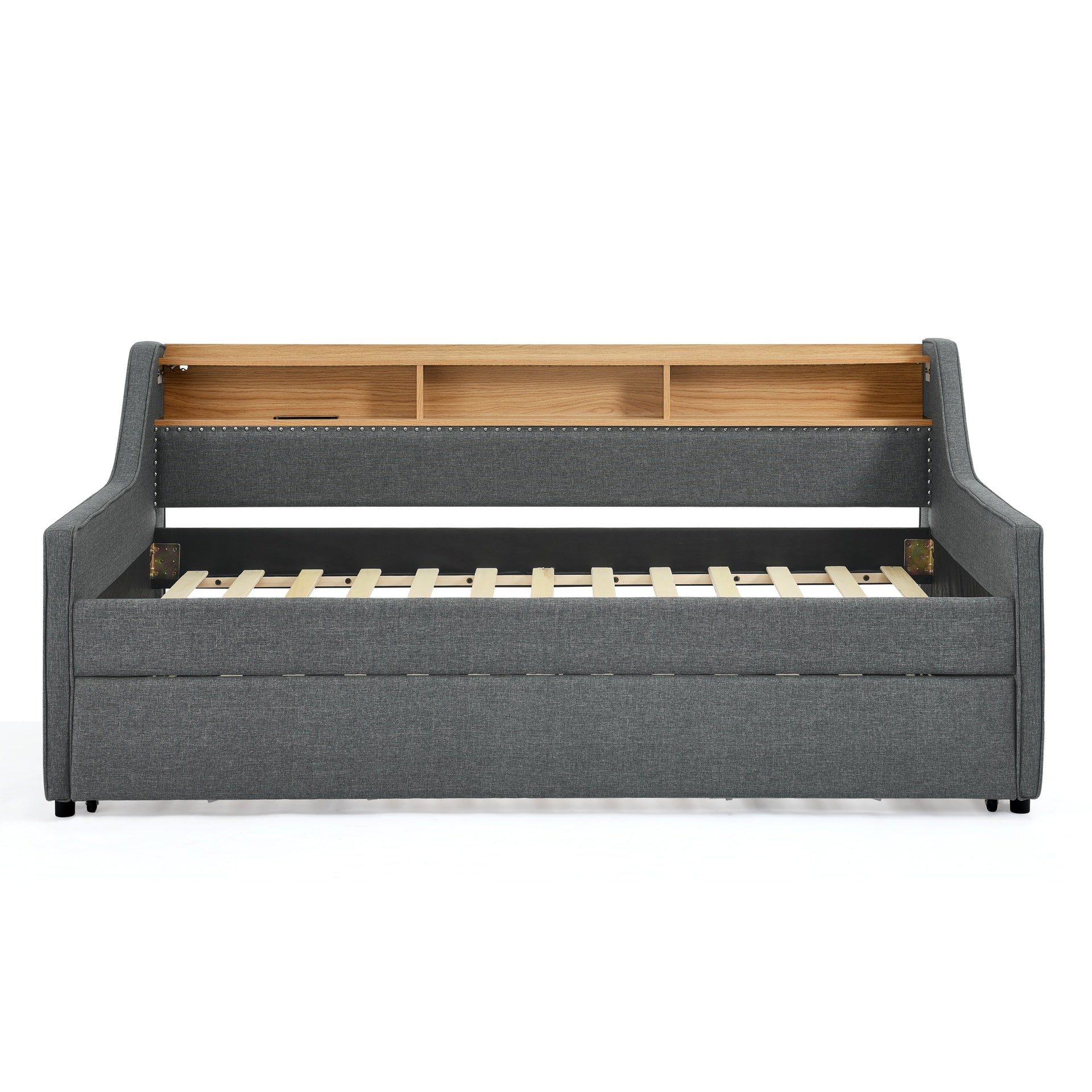 Twin Size Upholstery Sofa Bed with Three LED lights, with Storage Adjustable Headboard, with Foldable Leg Pull up Trundle Bed and Wireless Charging, Linen Padded Sofa Bed frame, Grey