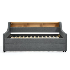 Twin Size Upholstery Sofa Bed with Three LED lights, with Storage Adjustable Headboard, with Foldable Leg Pull up Trundle Bed and Wireless Charging, Linen Padded Sofa Bed frame, Grey