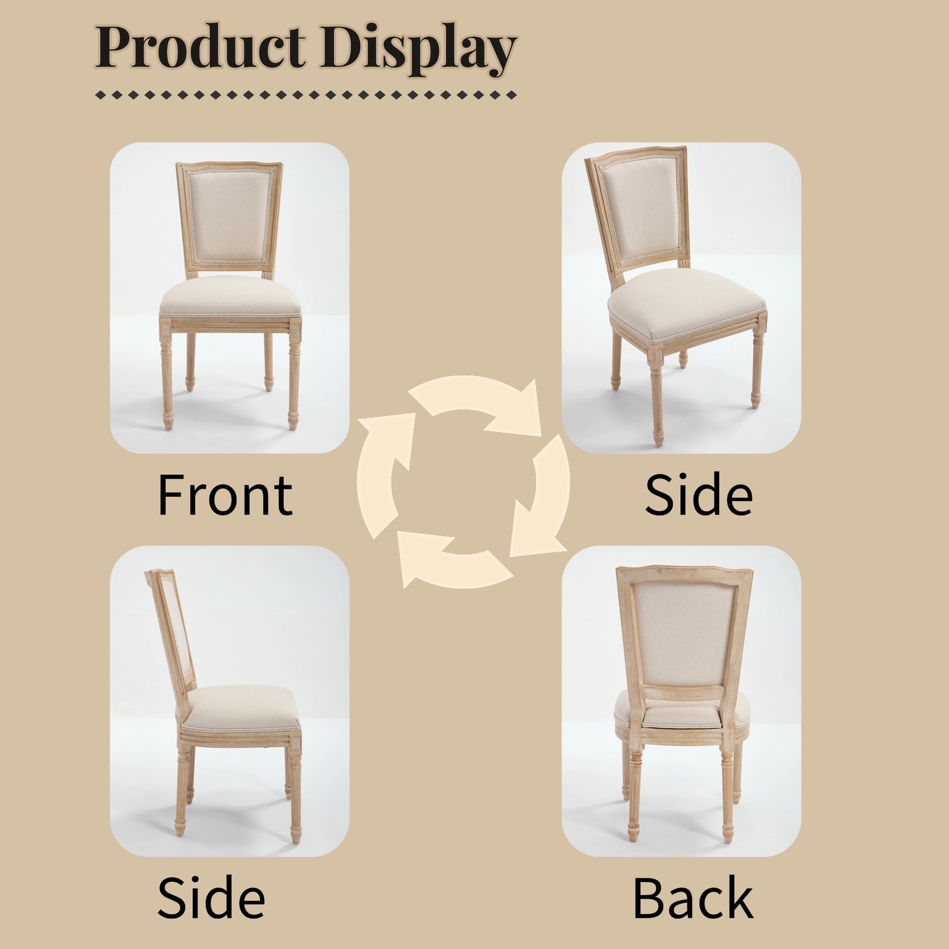French Country Dining Chairs Set of 2, Upholstered  Chairs with  T-shaped Back, Wire drawing and carving techniques ,Disassemblable ,  for Living Room, Kitchen , Restaurant Use, Beige
