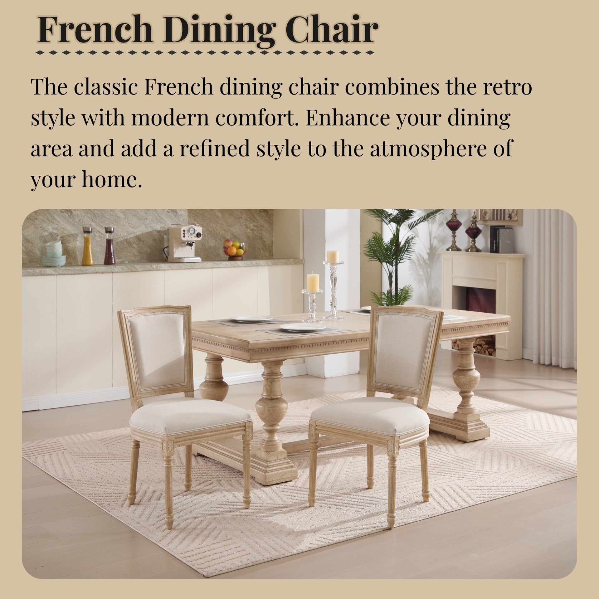 French Country Dining Chairs Set of 2, Upholstered  Chairs with  T-shaped Back, Wire drawing and carving techniques ,Disassemblable ,  for Living Room, Kitchen , Restaurant Use, Beige